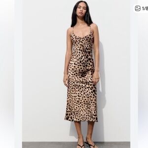Zara Silky Strappy Leopard Print Midi Maxi Dress Sz S